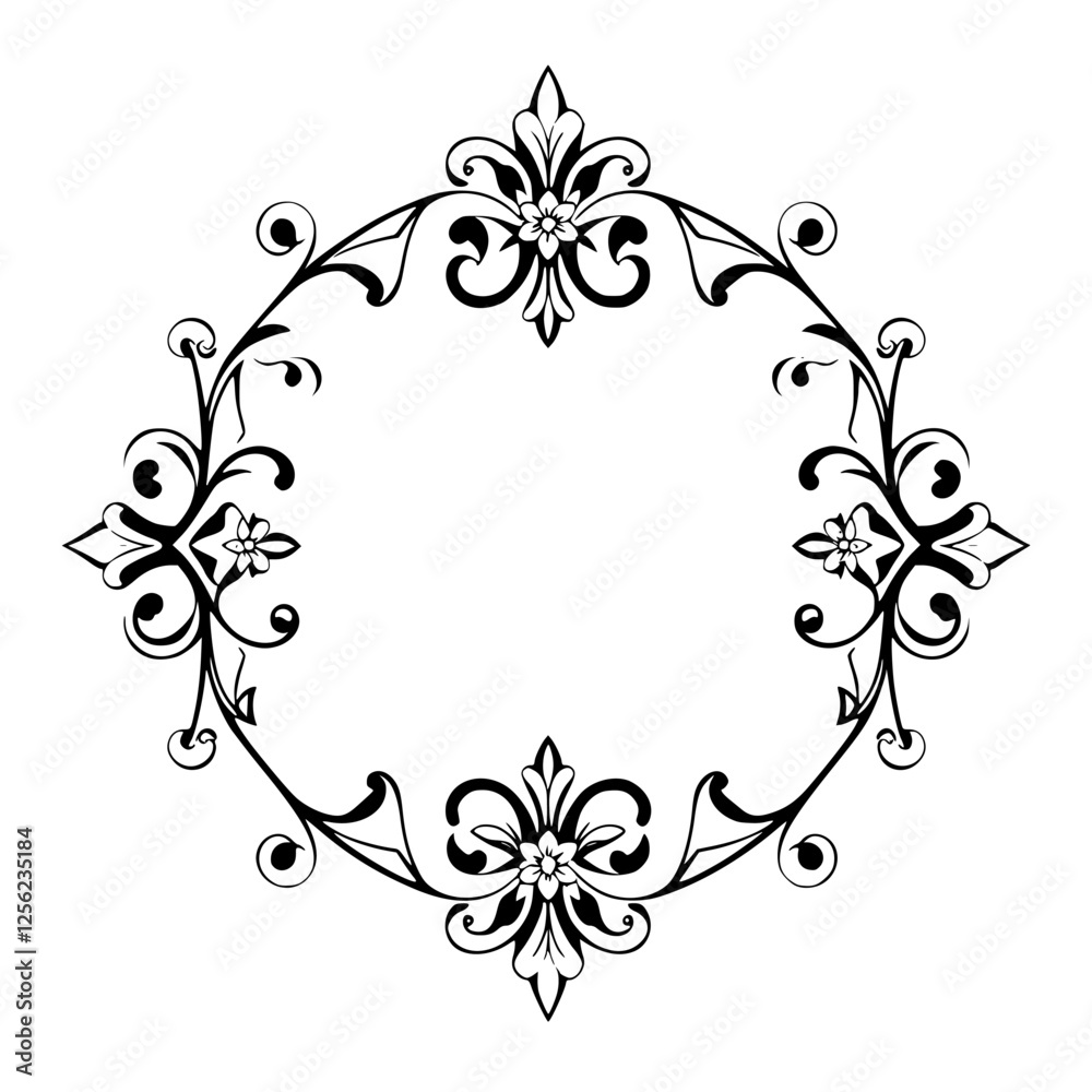 A symmetrical, black and white, floral art Nouveau inspired, oval shaped frame with decorative elements against a white background. A symmetrical, black and white, floral art Nouveau inspired, oval shaped frame with decorative elements against a white background.
