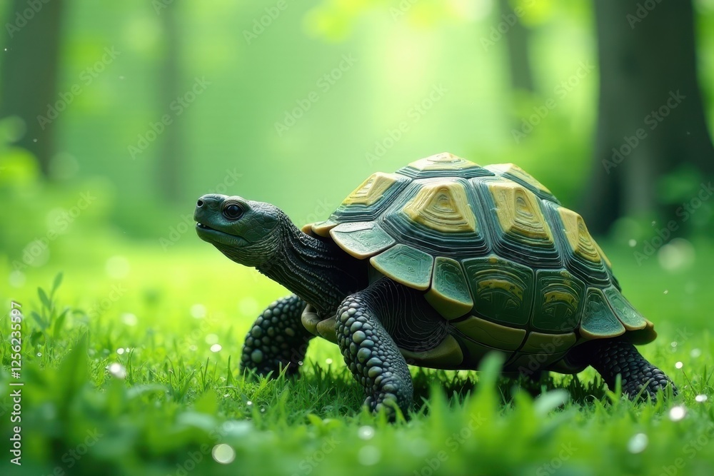 Obraz premium A tortoise slowly meanders through a vibrant green meadow, its shell a mosaic of nature's artistry, a symbol of resilience and enduring peace in a serene landscape.