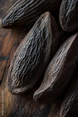 Unique textures of tonka beans on wooden background in natural light showcasing their intricate patterns and organic feel