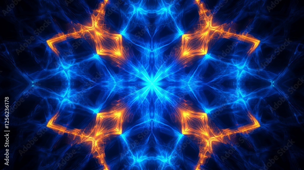 Fototapeta premium Abstract Blue and Orange Mandala - Intricate blue and orange fractal mandala design, perfect for backgrounds, websites, or spiritual projects. Vibrant and symmetrical