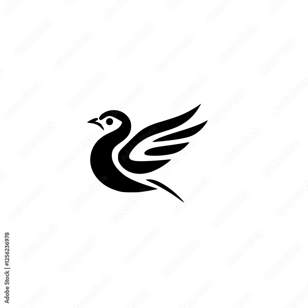 Fototapeta premium Silhouette of a black bird in flight, minimalist style on a white background.