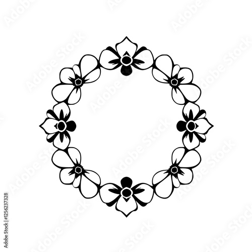Black and White Flower Frame Border: A simple decorative floral element, ring-shaped with floral petals