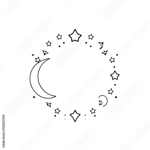 A crescent moon surrounded by stars and star design. This image features the moon and stars and other starry elements. The outline of the moon is the primary focus, with additional accent elements.