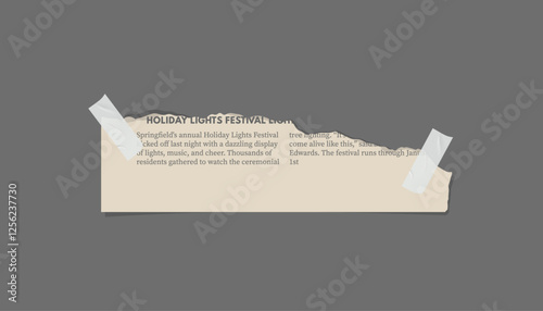 Torn newspaper piece glued with adhesive tape, vector clipping paper corner, vintage photocopy ripped magazine fragment