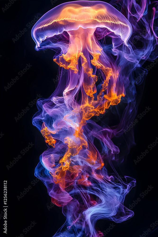 Obraz premium Floating jellyfish emits vibrant colors creating a stunning visual in dark waters