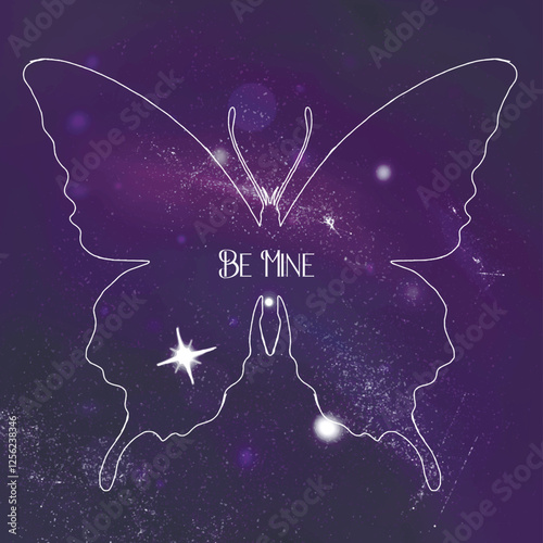 Vector cosmos card. Blue dark fantastic backdrop. St valentine's day preset. Be mine with butterfly silhouette