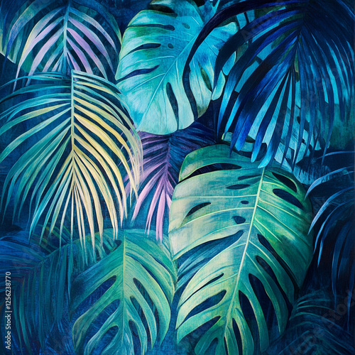 Tropical Leaves Illuminated with Blue and Green