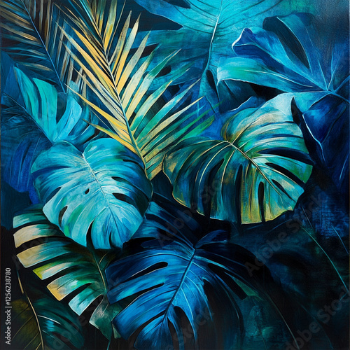 Tropical Leaves Illuminated with Blue and Green