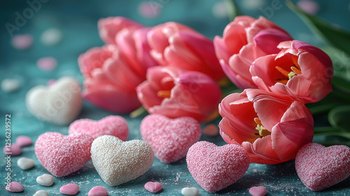 Pink tulips and heart-shaped candies on a blue background for romantic celebrations