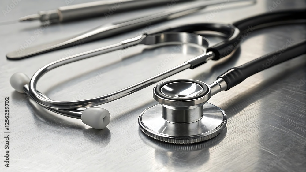 Stethoscope resting next to various medical tools on a reflective steel surface, creating a sharp, clean aesthetic in a clinical healthcare environment. Stethoscope resting next to various medical tools on a reflective steel surface, creating a sharp, clean aesthetic in a clinical healthcare environment.