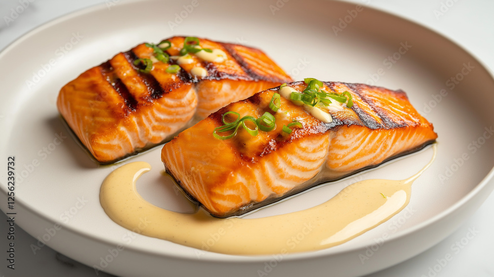Freshly grilled salmon filets with a caramelized golden crust, placed on a modern light ceramic plate. Freshly grilled salmon filets with a caramelized golden crust, placed on a modern light ceramic plate.