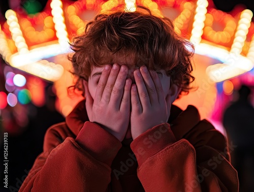 Scared child hiding face amid bright festival lights