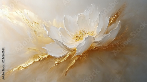 Artistic oil painted white flower laying across the canvas richly decorated with golden paint, impasto textured pattern 