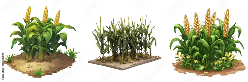 Obraz premium Set of High-resolution stock photo of multiple corn plants, including stalks, leaves, and ears of corn on transparent png background