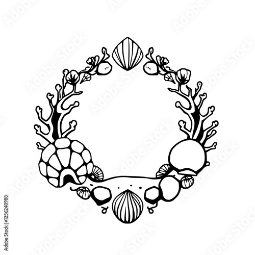 Minimalist black and white wreath composed of seashells, seaweed, and other nautical elements.