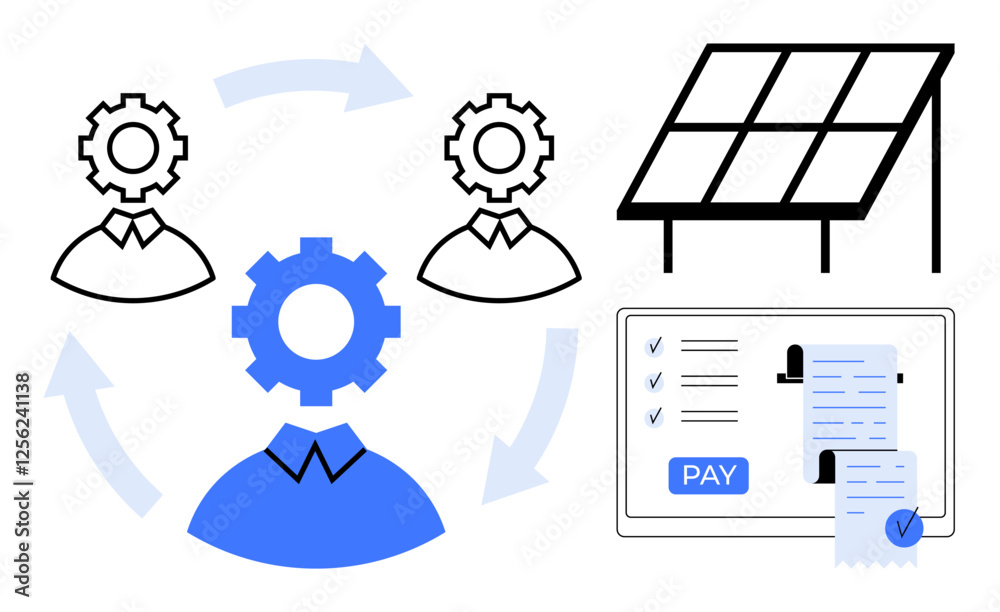 Teamwork with three gear-headed figures linked in a workflow cycle, solar panel, and a monitor displaying payment receipt and checklist. Ideal for teamwork, renewable energy, digital transactions Teamwork with three gear-headed figures linked in a workflow cycle, solar panel, and a monitor displaying payment receipt and checklist. Ideal for teamwork, renewable energy, digital transactions