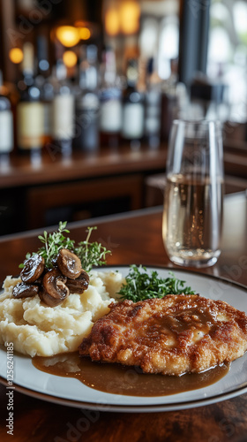 Kotlet Schabowy with mashed potatoes and mushroom sauce in a restaurant
