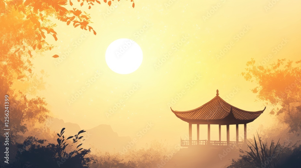 Obraz premium Chinese landscape illustration. Traditional temple, pavilion or house with oriental pagoda in rural China, view of flat mountain lake and flowering tree. Travel to Asia background