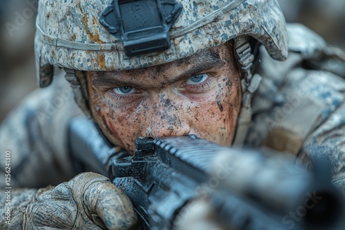 A close-up of a soldier's intense expression covered in dirt and grime, focused and aiming with a weapon, portraying concentration and bravery in action.