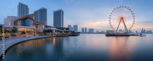 Waterfront city skyline at dusk, Ferris wheel, calm water