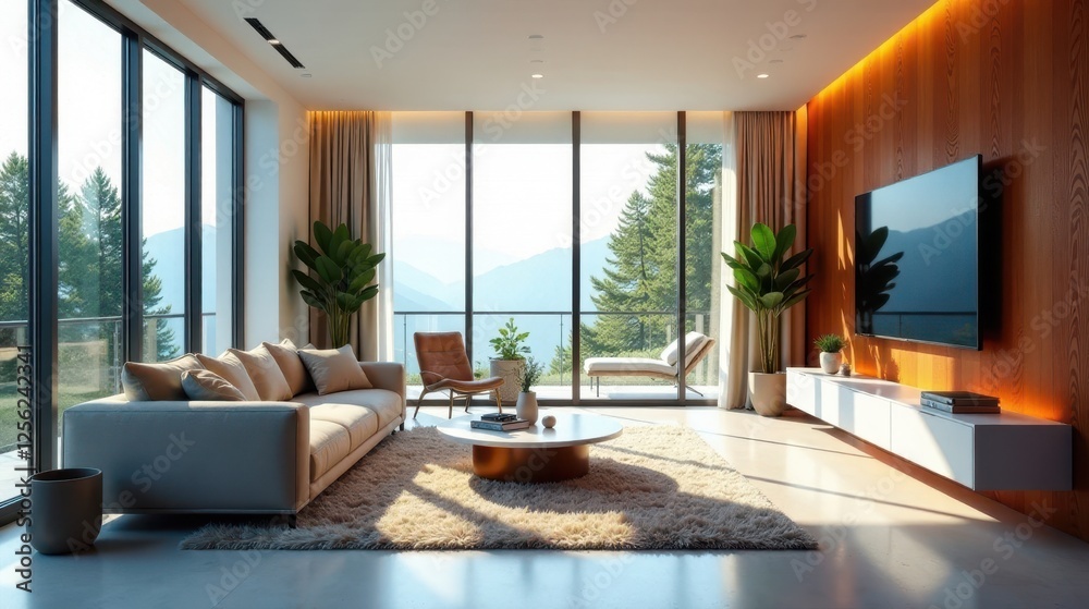 Fototapeta premium Modern Living Room with Panoramic Mountain View and Cozy Decor