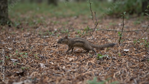 Capture the elusive charm of nature with this image of a swift shrew dashing through a woodland landscape of pine needles and autumn leaves