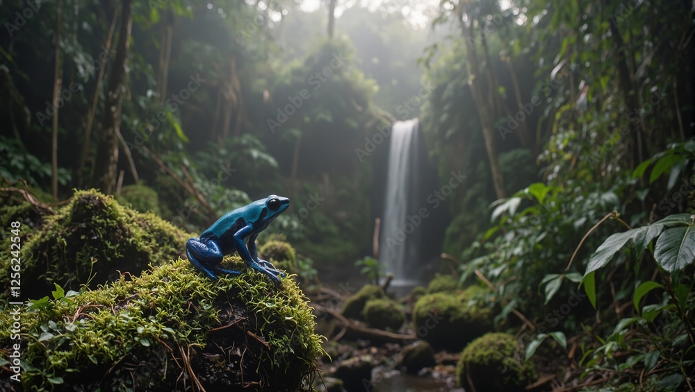 Naklejka premium Vibrant blue poison dart frog on mossy log in lush rainforest with misty waterfall backdrop exotic wildlife in natural habitat