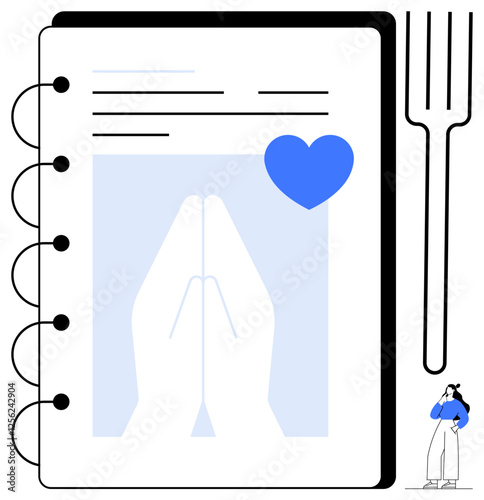 Notebook featuring praying hands, blue heart, and fork. Ideal for mindfulness, spirituality, journaling, contemplation, time management healthy living decision-making. Serve as abstract line flat