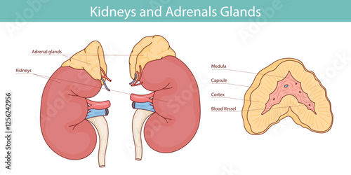 Medical illustration of adrenal glands and kidneys drawn by hand.