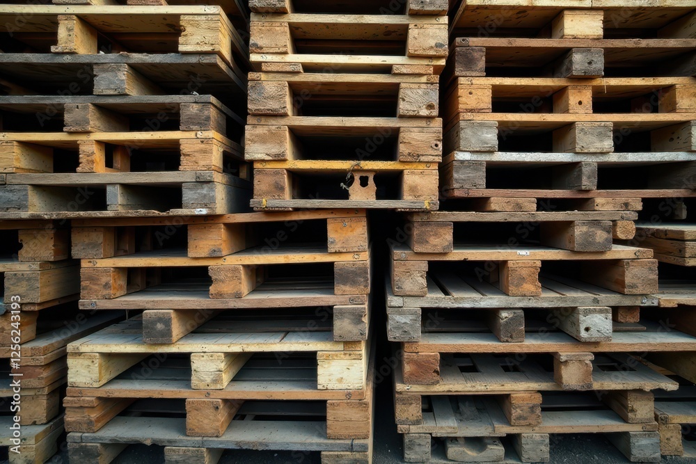A Stack of Well-Used Wooden Shipping Pallets Showing Signs of Age and Wear, Arranged in an Irregular Pattern A Stack of Well-Used Wooden Shipping Pallets Showing Signs of Age and Wear, Arranged in an Irregular Pattern