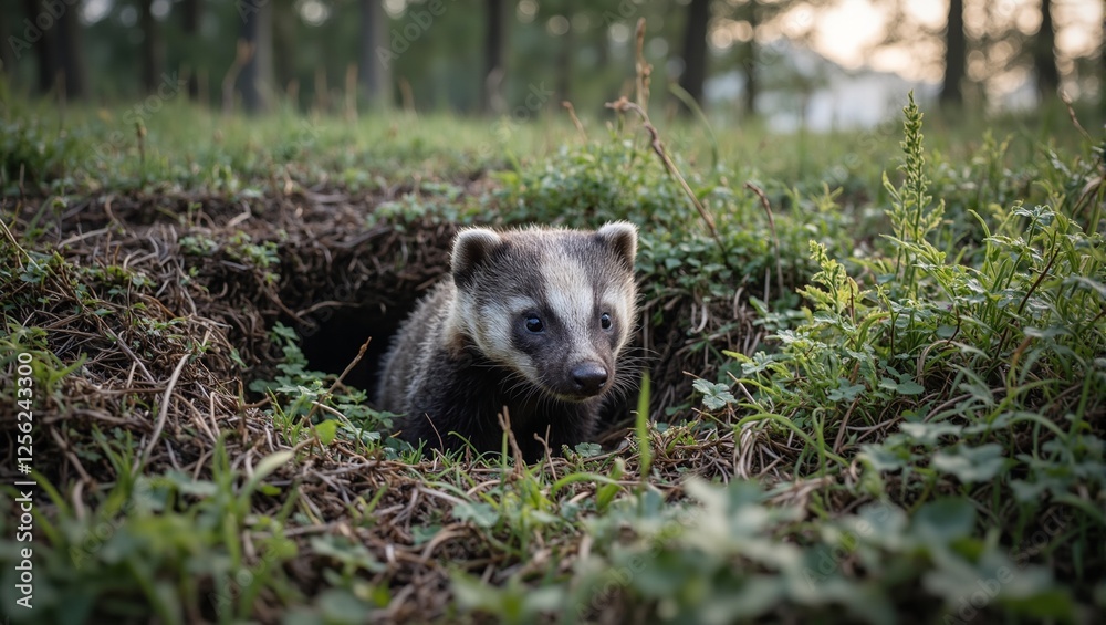Fototapeta premium A curious badger emerges from its burrow in a serene woodland setting sunlight illuminating its distinctive striped face