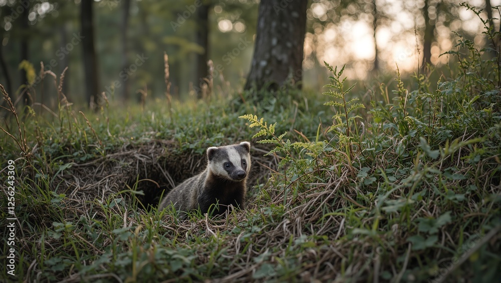 Naklejka premium A curious badger emerges from its burrow in a serene woodland setting sunlight illuminating its distinctive striped face