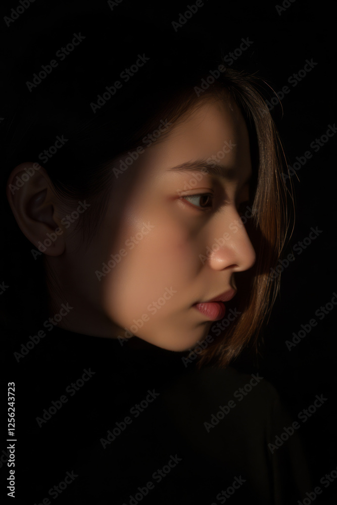 A young Asian woman, captured in profile. She has a subtle expression, with her lips closed and eyes looking slightly downward A young Asian woman, captured in profile. She has a subtle expression, with her lips closed and eyes looking slightly downward