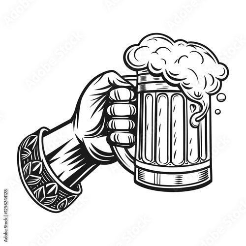Hand holding beer mug illustration hand drawn style isolated on a white background