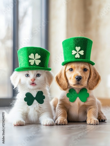 Adorable Kitten and Puppy in Leprechaun Hats - Cute kitten and puppy wearing matching green leprechaun hats and bow ties. Perfect for St. Patrick's Day photo