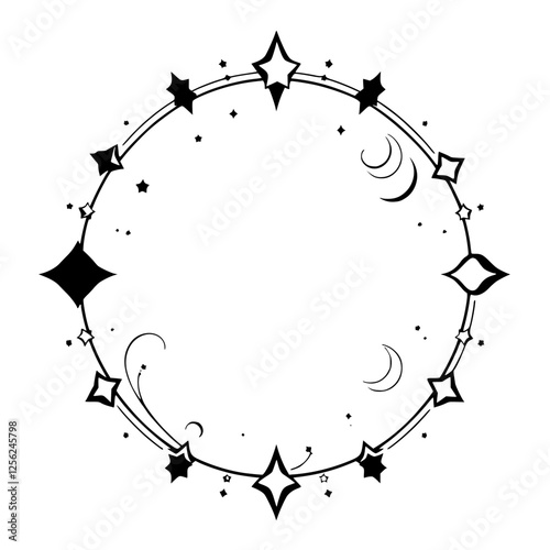Celestial frame, black and white illustration with stars and moons.