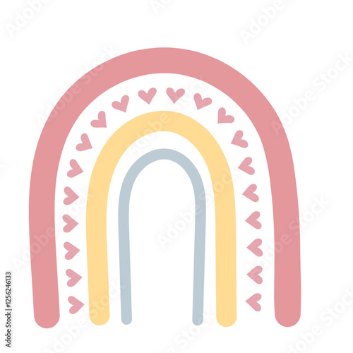 Boho rainbow isolated on white background. Cute hand drawn rainbow with hearts. For greeting card, T-shirt design, wrapping paper, fabric printing. Vector illustration.