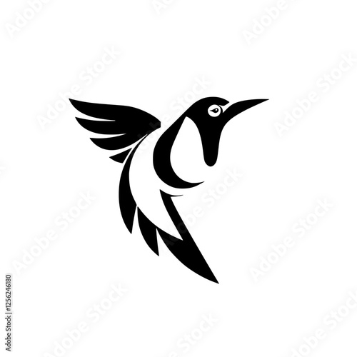 Elegant hummingbird silhouette, soaring with upward facing wings, black and white style.