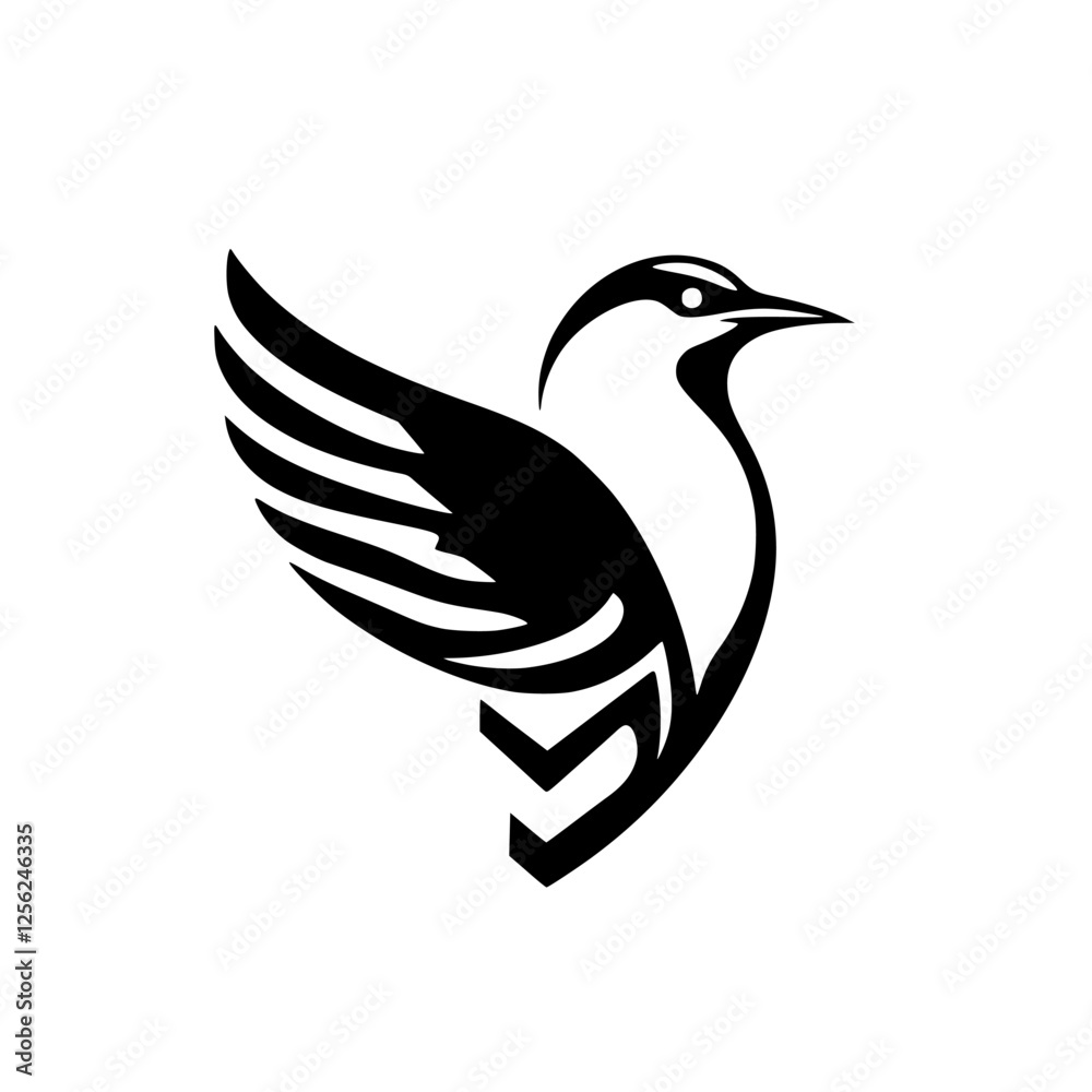 Obraz premium A stylized, minimalist monochrome logo of a bird in flight, presented with clean lines on a stark white background.