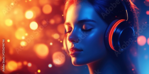 Listening to music in a vibrant space with headphones and glowing lights