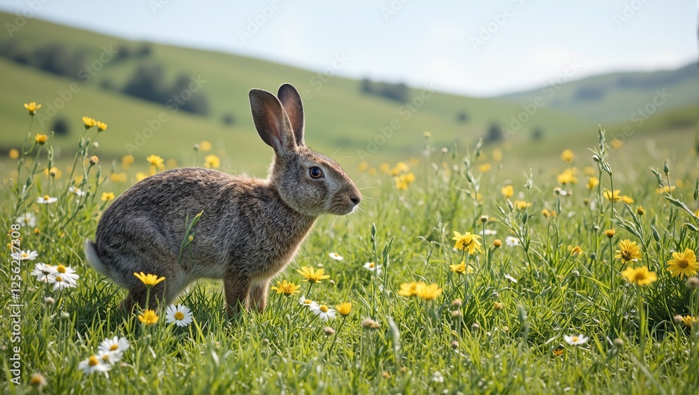 Obraz premium A charming rabbit exploring a blooming meadow with vibrant daisies and buttercups under sunny skies