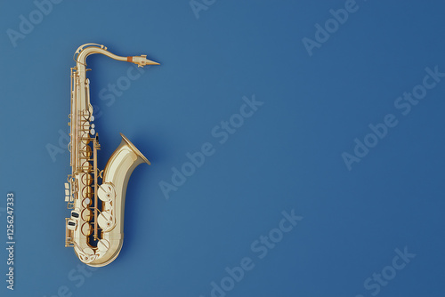 Wallpaper Mural Golden Saxophone:  A gleaming golden saxophone rests against a vibrant blue background, its elegant curves and intricate details waiting to be brought to life. Torontodigital.ca