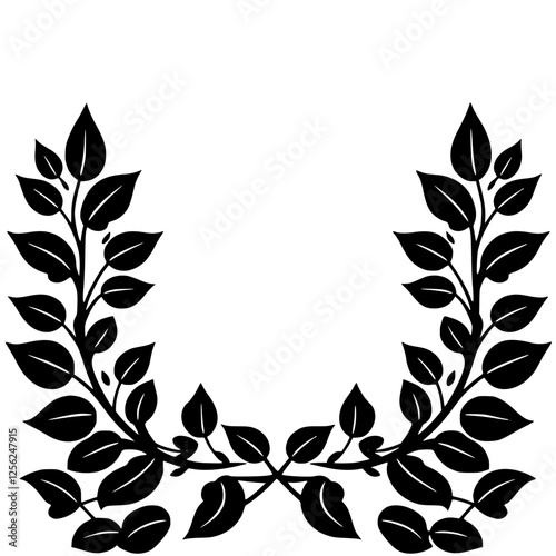Elegant black and white vector image of a curved floral wreath, composed of leaves and symmetrical leaves.