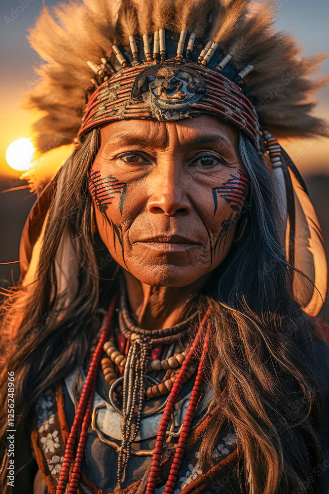 Porträt einer indigenen älteren Frau mit Kopfschmuck aus Federn, Indianerin, Generative AI