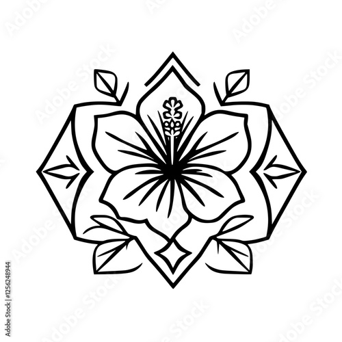 Floral Mandala - a black and white illustration of a hibiscus flower with a geometric design