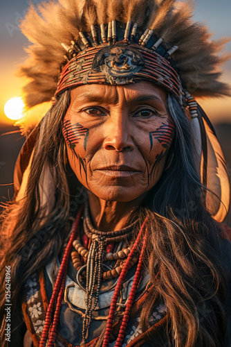 Obraz na płótnie Porträt einer indigenen älteren Frau mit Kopfschmuck aus Federn, Indianerin, Generative AI w salonie