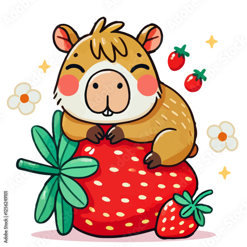 Cute cartoon illustration of a kawaii capybara sitting on a big strawberry isolated on white background. Vector animal print design for sticker, postcard, tshirt