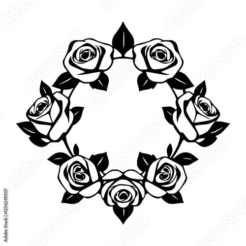 Minimalist floral wreath composed of black roses and leaves arranged in a circle.
