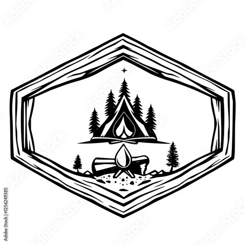 Camping Scene in a Hexagon Frame. Tent, trees, campfire, and mountain in a wilderness style.