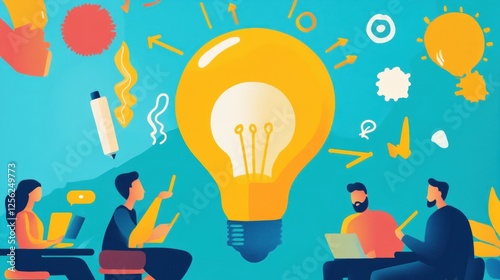 A group of people are collaborating and brainstorming around a large light bulb, symbolizing ideas and creativity. Various icons and symbols related to innovation and teamwork surround them, indicatin